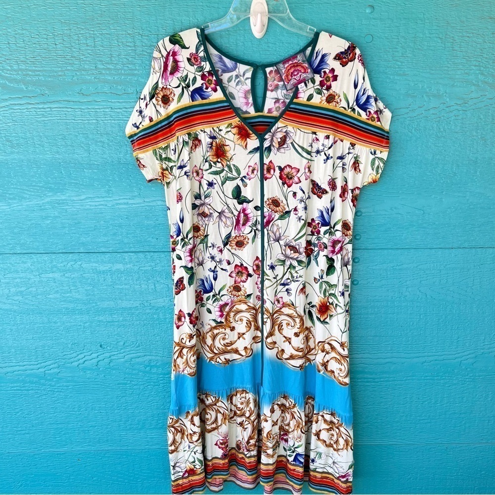 JOHNNY WAS MIDI DRESS MIXED PRINT SHORT SLEEVES SIZE MEDIUM EUC - Picture 2 of 10